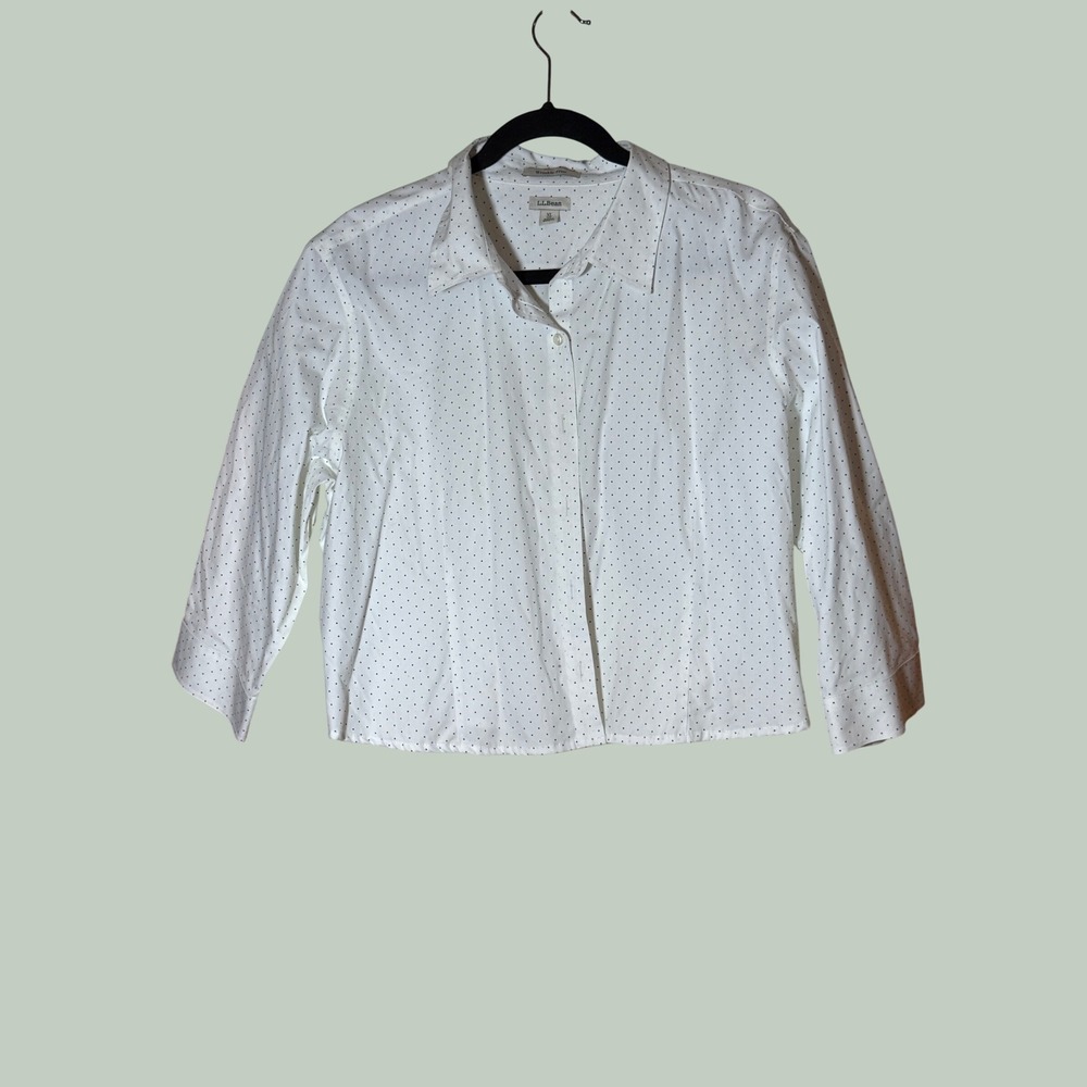 LL Bean Wrinkle Free Polka Dot Button Down Shirt White Navy Blue XL Petite